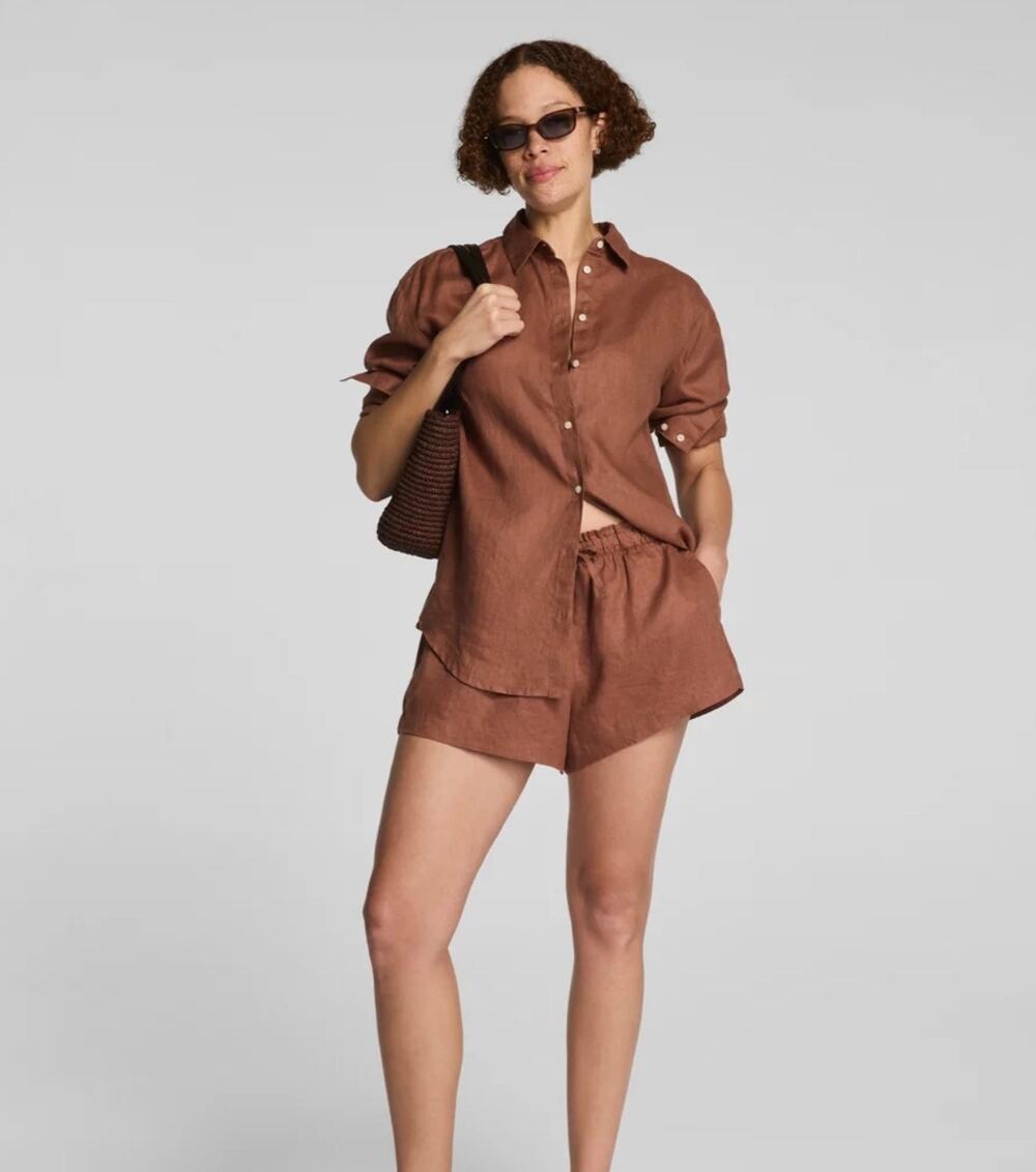 New spanx beach linen button down shorts set size M